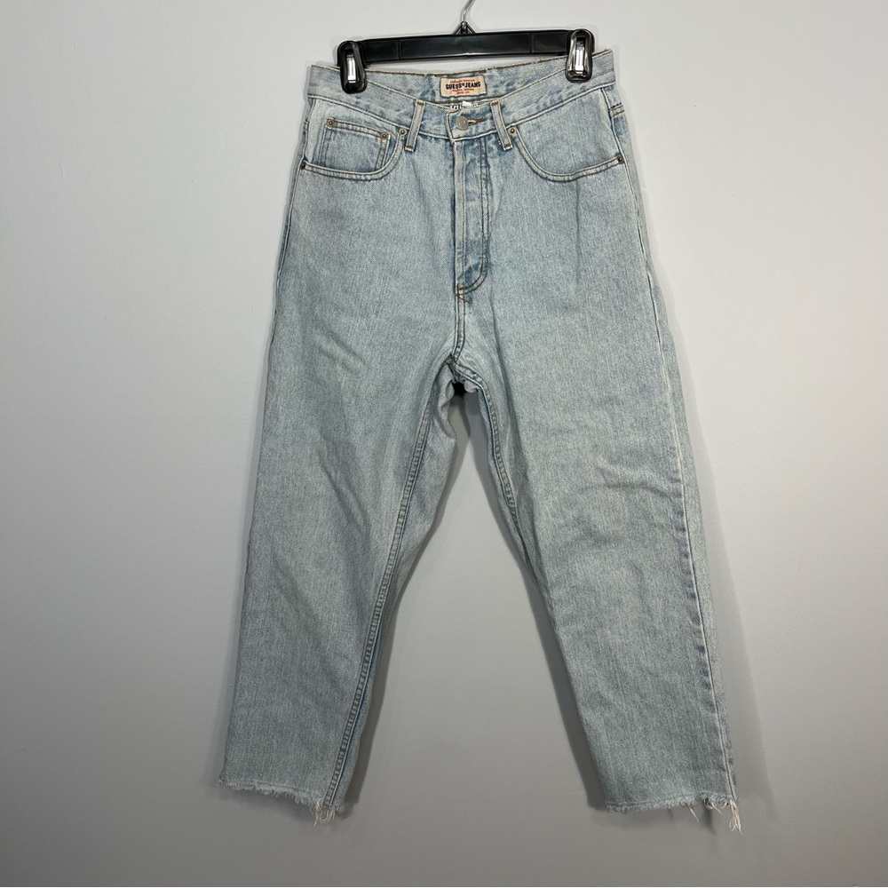 VINTAGE Guess Jeans Womens 30 Blue High Rise Lightwash Denim Raw Hem Button Fly